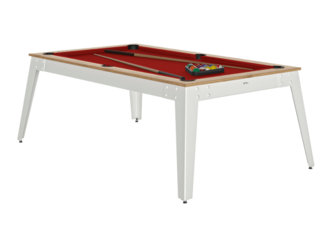 Billard STEEL pieds blanc chêne sablé drap rouge